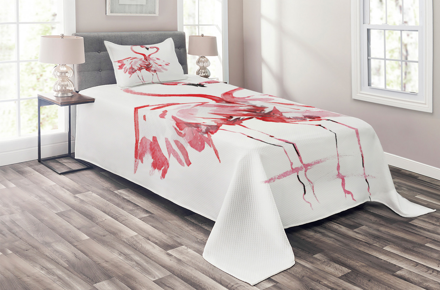 Flamingo Quilted Bedspread /& Pillow Shams Set Lovers Kissing Artful Print